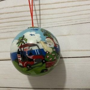 Reverse Inside Painted Glass Art Christmas Ornament & Box Golfing Santa Le Bien